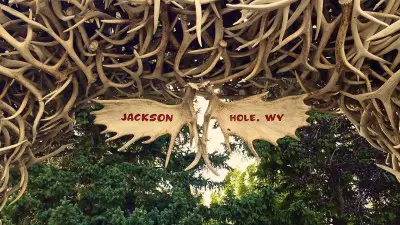 Songs about Jackson Hole, Wyoming - Arches made of elk antlers welcome visitors to the center of Jackson, Wyoming